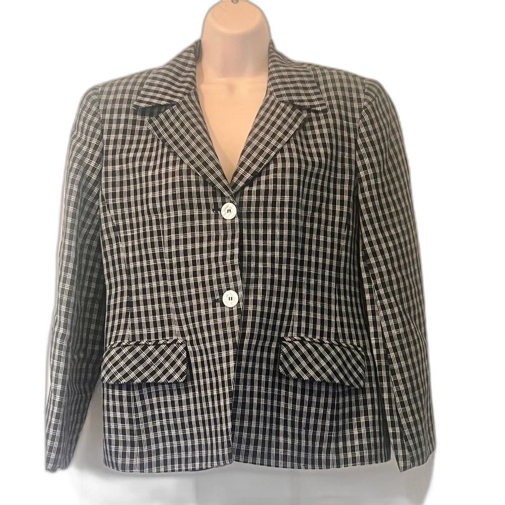 NWT VTG Giorgio Sant’ Angelo Linen Rayon Check Blazer Womens 10p Navy Blue White